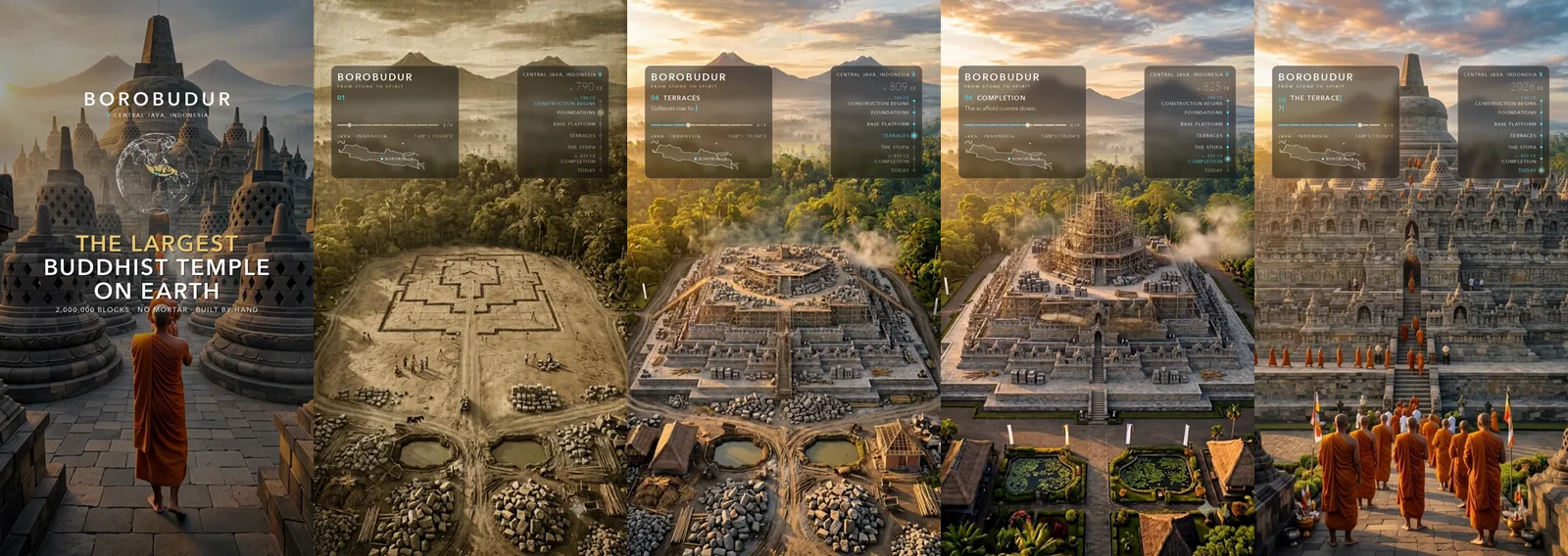 Five beats of the build: forest, base platform, scaffolded stupa, the finished temple at dawn, monks in the upper terraces