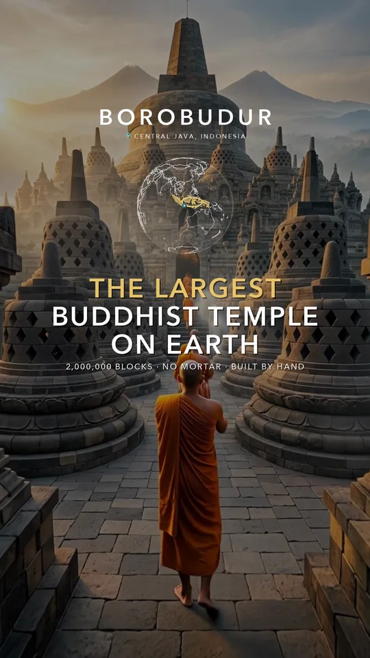 The title card: BOROBUDUR, the location, a wireframe globe turned to Java with Indonesia glowing, and the fact in 78-pixel type