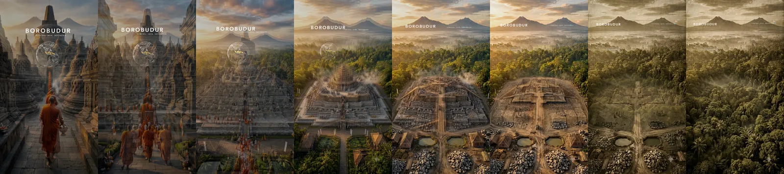 The rewind: eight frames from the snap back through the build to the forest, the title sliding into its panel