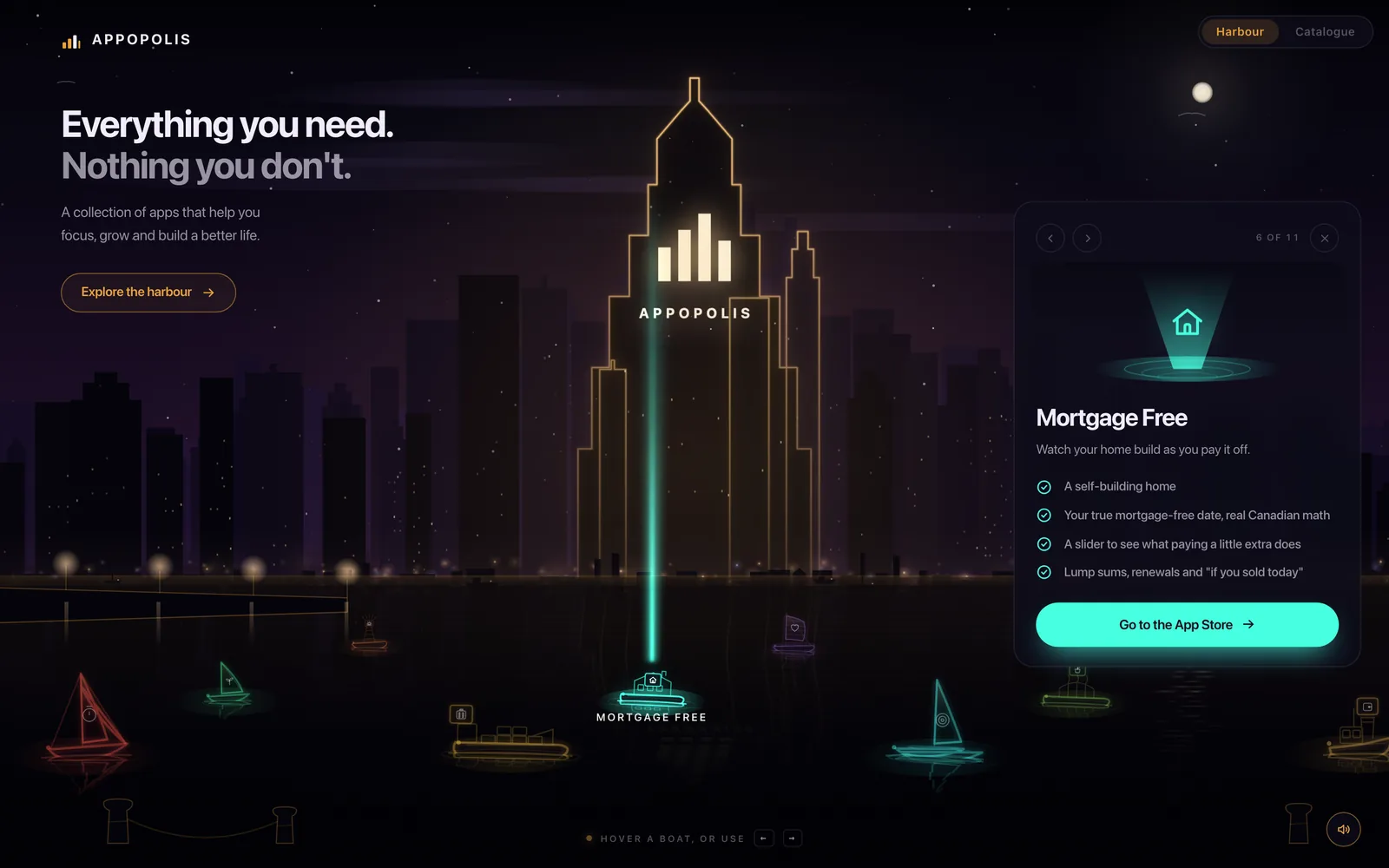 The Appopolis homepage: a neon harbour at night, with a glowing city skyline and eleven lit boats on the water