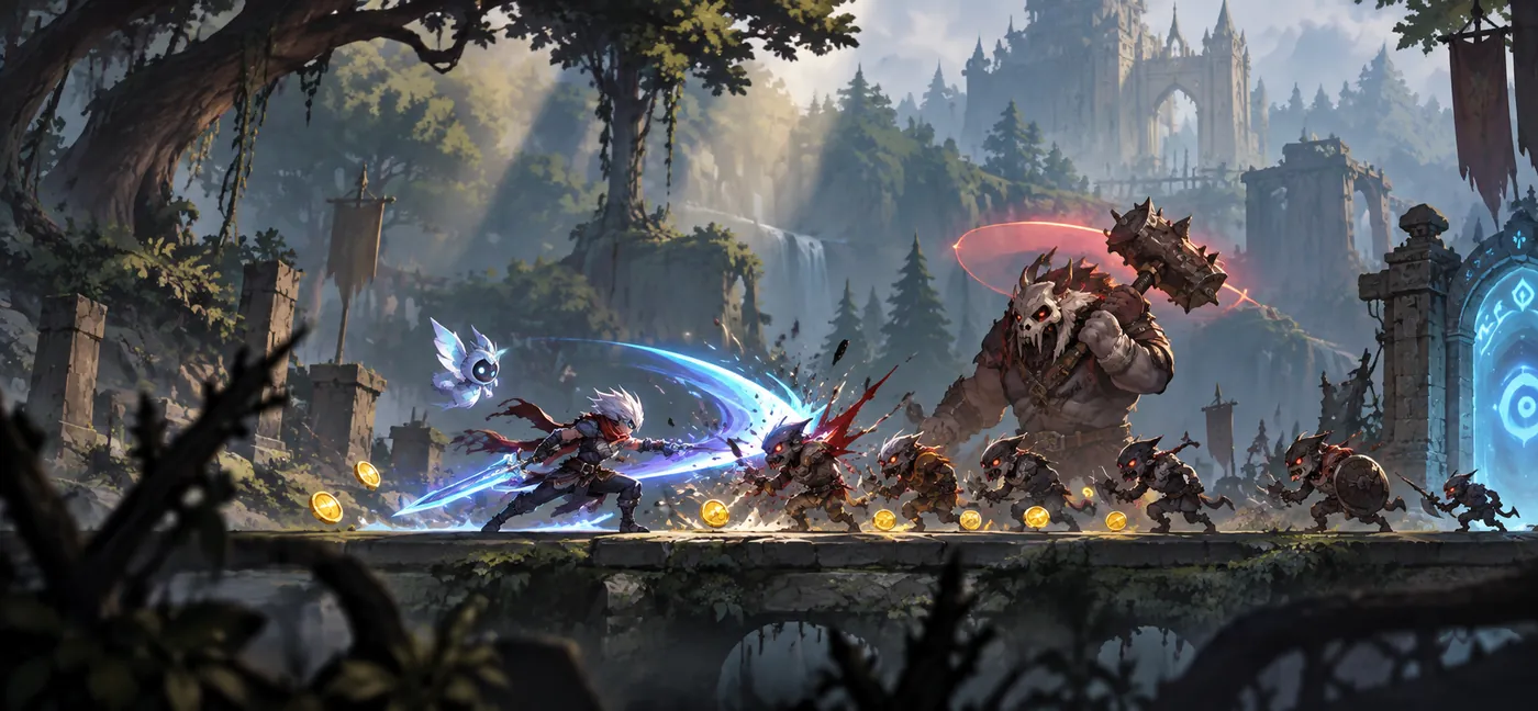Key art for Ruins of Tomorrow — the swordsman and his winged spirit against a line of goblins and a skull-masked ogre, on a bridge over a forest valley. Blue is you, red is about to hit you, gold is what you came for