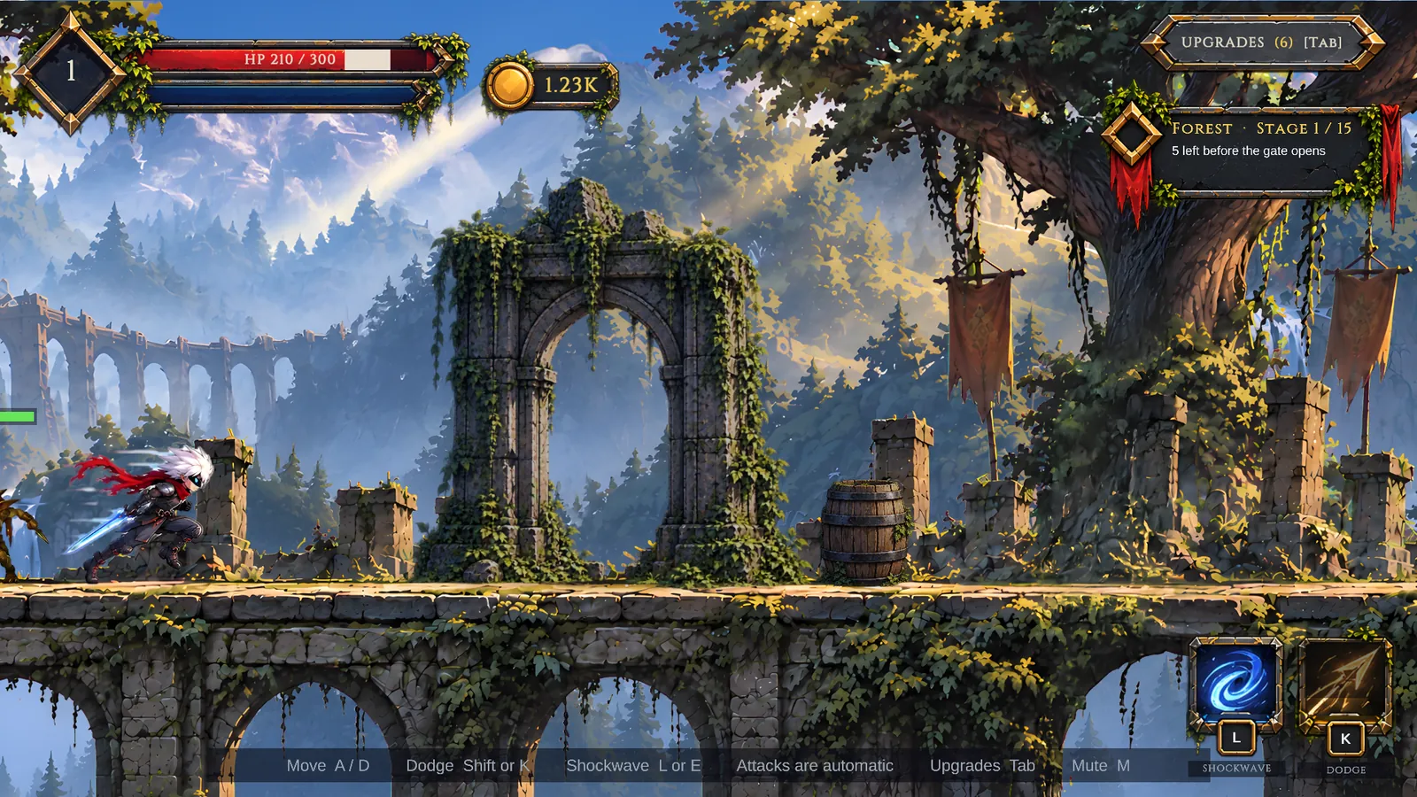 A capture of the game running: the swordsman runs left to right along a ruined stone viaduct under a bright sky, past an ivy-covered arch and a barrel, with a health bar, a gold counter and two ability buttons on screen.