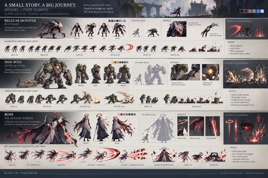 A bestiary sheet: a regular monster, a stone sentinel miniboss and a pale sorcerer boss, each with animation frames and attack tells.