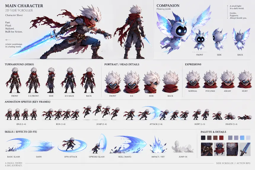 A character sheet: the swordsman in turnaround, head details, expressions, run and attack frames, and the blue sword effects.