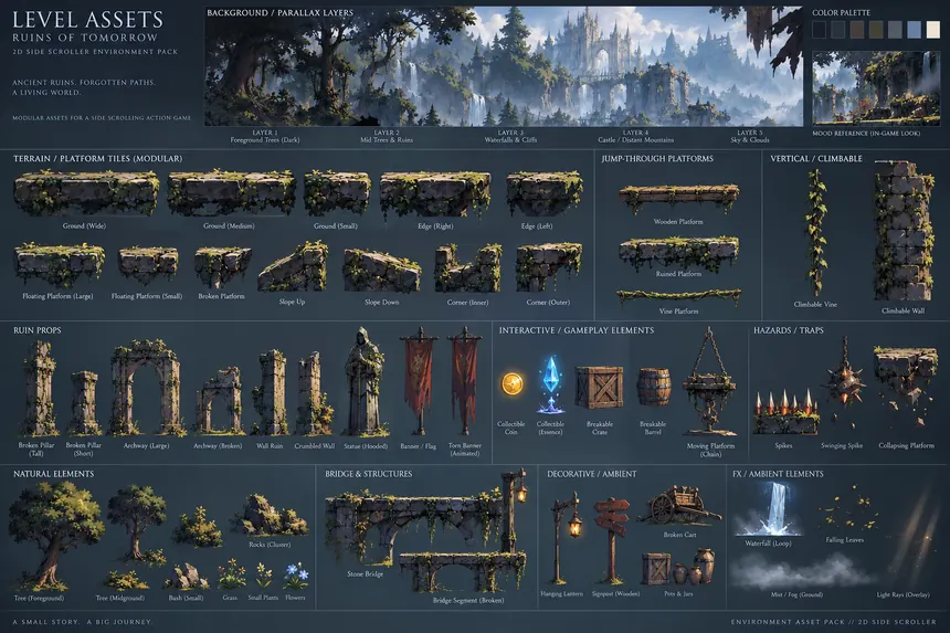 A level asset sheet: mossy stone arches, ruined walls, columns and ivy pieces that the road is built from.
